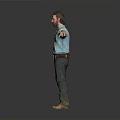 A Man In Blue Shirt With Headphones Stretching Arms Wearing Jeans And Brown Boots