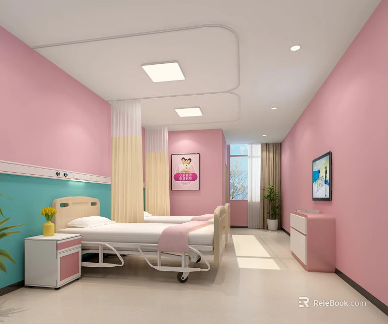 Modern Patient Room Interior With Pink Walls Hospital Bed TV And Potted Plant 3d model 