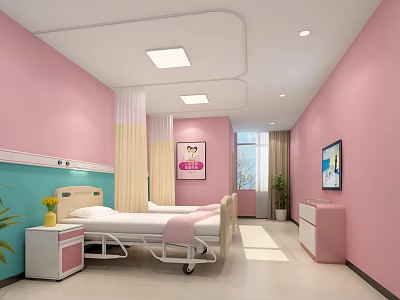 Modern Patient Room Interior With Pink Walls Hospital Bed TV And Potted Plant 3d model