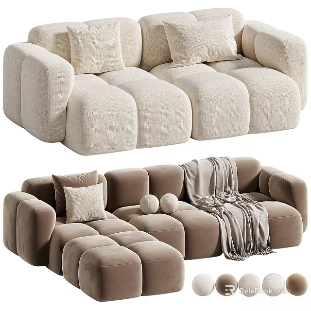 Modern Modular Sofa Set With Beige Brown Plush Pillows And Throw Blanket 3d model 
