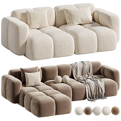 Modern Modular Sofa Set With Beige Brown Plush Pillows And Throw Blanket 3d model