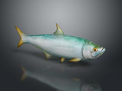 Turquoise Silver Fish with Yellow Fins and Eyes on Dark Reflective Surface 3d model