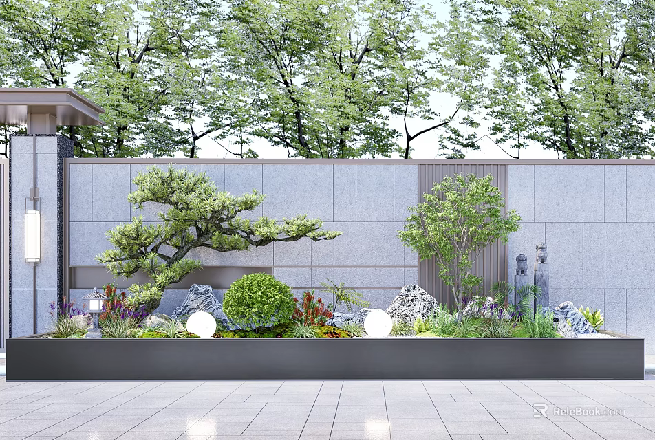Modern Courtyard Garden Design With Gray Stone Wall Pine Tree Bushes And Round Lights 3d model 