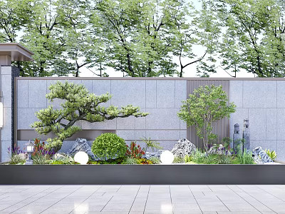 Modern Courtyard Garden Design With Gray Stone Wall Pine Tree Bushes And Round Lights 3d model