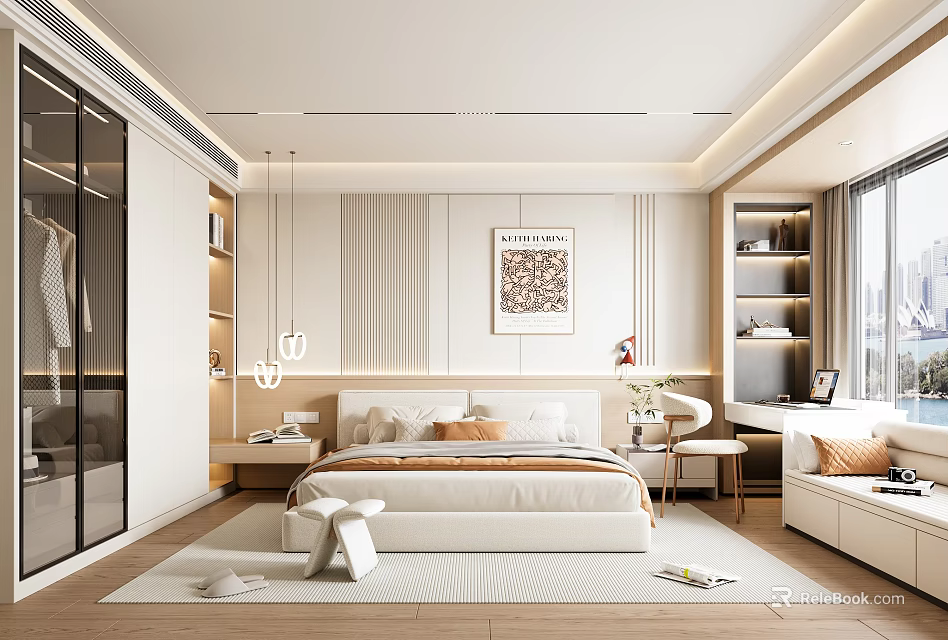 Modern Bedroom Interior Design With Large Bed Wardrobe And Decorative Painting 3d model 