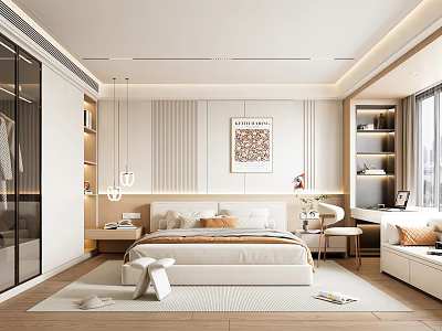 Modern Bedroom Interior Design With Large Bed Wardrobe And Decorative Painting 3d model