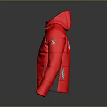 Fashionable Red Hooded Jacket With Zipper Closure Chest Patch And Black Accents