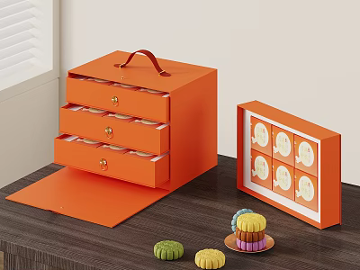 Colorful Mooncakes In Orange Multi Layer Drawer Boxes On Wooden Table 3d model
