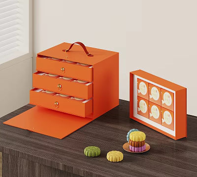 Colorful Mooncakes In Orange Multi Layer Drawer Boxes On Wooden Table 3d model