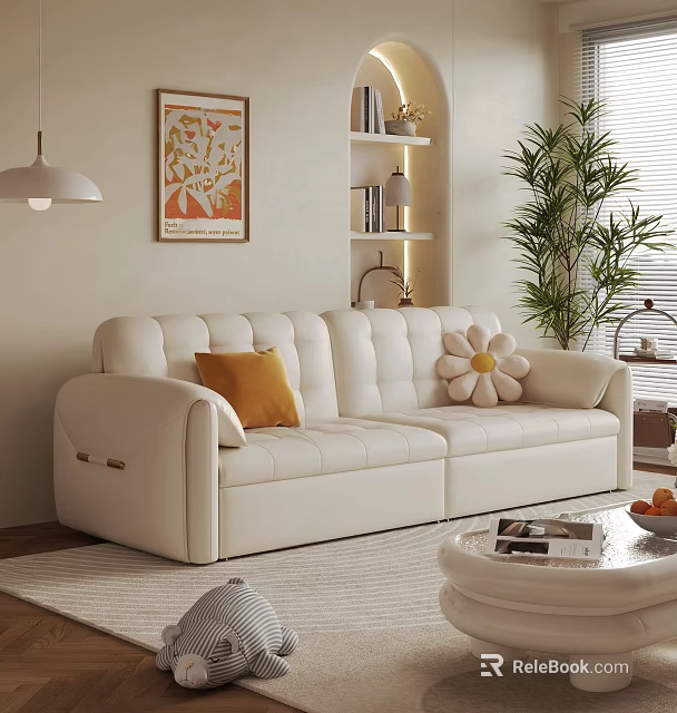 White Double Leather Sofa With Orange Cushion Flower Pillow Green Plant And Coffee Table 3d model 