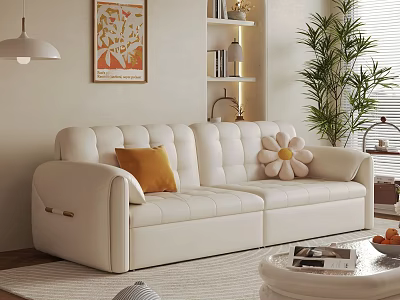 White Double Leather Sofa With Orange Cushion Flower Pillow Green Plant And Coffee Table 3d model