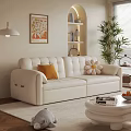 White Double Leather Sofa With Orange Cushion Flower Pillow Green Plant And Coffee Table