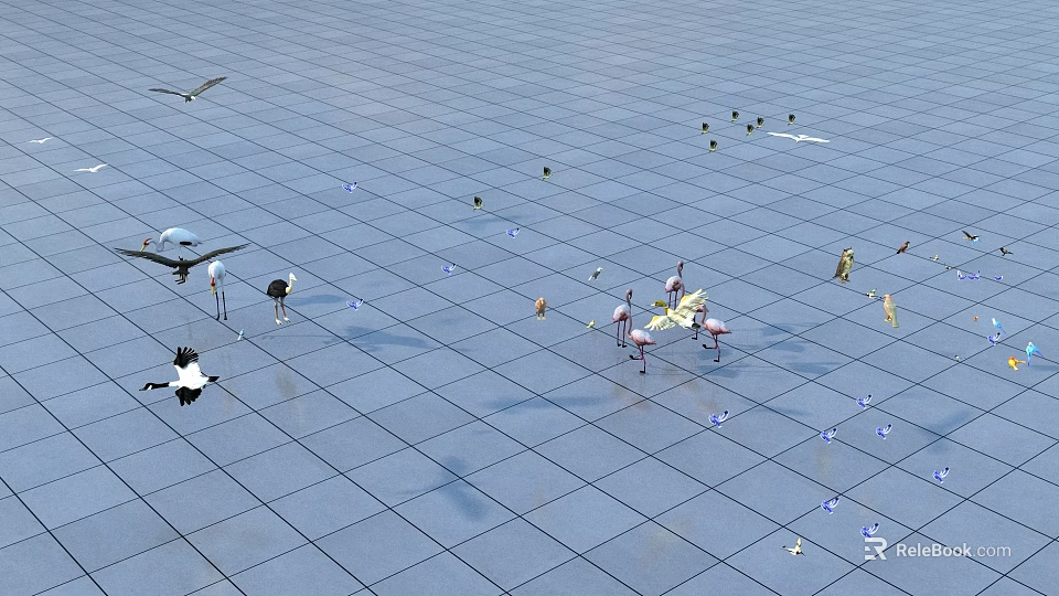 Flying Animals Including Flamingos And Seagulls On Blue Grid Floor Surface 3d model 