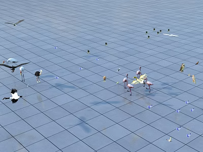 Flying Animals Including Flamingos And Seagulls On Blue Grid Floor Surface 3d model