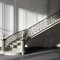 Elegant Classic Staircase With Ornate Iron Railing Marble Steps Against White Paneled Walls