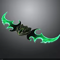 Green Glowing Double Scythe Weapon With Flame Shaped Edges And Central Emblem