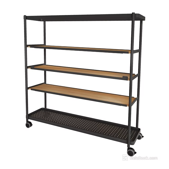 Mobile Multi tier Side Table with Black Metal Frame Wooden Shelves and Mesh Bottom 3d model 