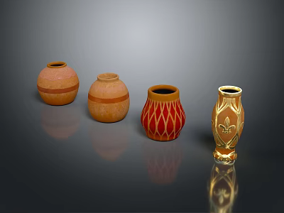 Decorative Ceramic Vases With Various Colorful Patterns And Golden Accents 3d model
