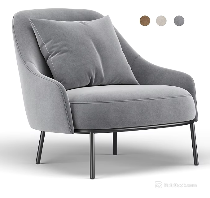 Gray Velvet Accent Chair with Padded Backrest Seat and Black Metal Legs Modern Design 3d model 