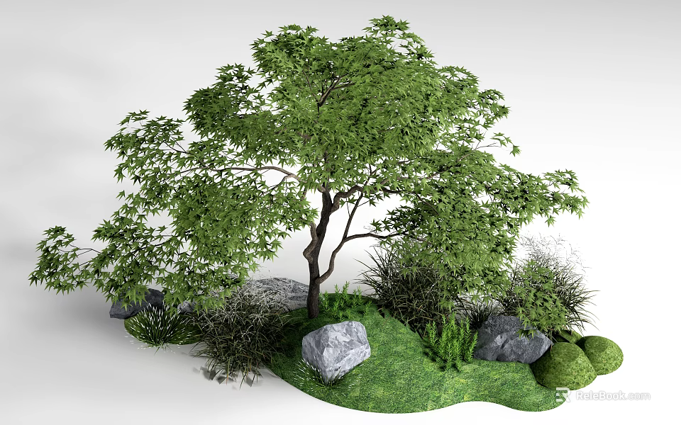 Lush Green Arbor With Dense Foliage Surrounded By Grass Rocks And Shrubs 3d model 
