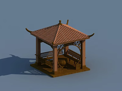 Traditional Chinese Pavilion With Red Tile Roof Wooden Structure And Carved Decorations Bench Stone Table 3d model