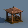 Traditional Chinese Pavilion With Red Tile Roof Wooden Structure And Carved Decorations Bench Stone Table