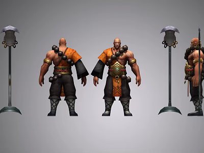 Muscular Warrior Character With Ornate Beads And Umbrella Shaped Polearm In Tribal Fantasy Design 3d model