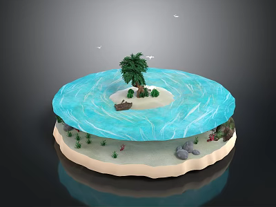 Tropical Circular Island Scene With Blue Water Tree Small Boat Coral Small Plants And Rocks 3d model