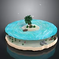 Tropical Circular Island Scene With Blue Water Tree Small Boat Coral Small Plants And Rocks