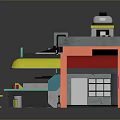 Colorful Multi Level 3D Building Model In Cartoon Style With Yellow Blue Awnings And Stools