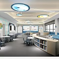 Modern School Learning Space With Circular Ceiling Lights Bookshelves And Bright Windows 3d model