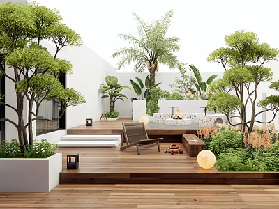 Serene Courtyard Garden Design With Wooden Deck Outdoor Seating Lush Plants And Fire Pit 3d model