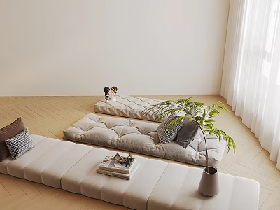 Soft Beige Cushions On Floor Mats In Modern Room With Natural Light And Plants 3d model