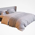 Double Bed with Dark Headboard Light Colored Bedding Striped Blanket and Soft Pillows 3d model