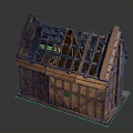 Wooden Building Model with Sloped Roof Grid Wooden Frame Brown Planks Door and Windows