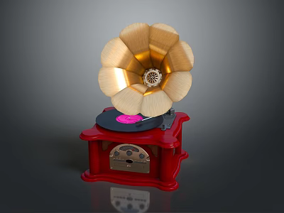 Vintage Gramophone With Flower Shaped Golden Horn Red Wooden Base And Pink Vinyl Record 3d model