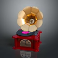 Vintage Gramophone With Flower Shaped Golden Horn Red Wooden Base And Pink Vinyl Record