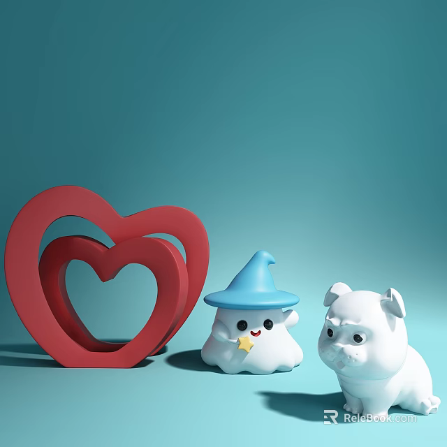Decorative Ornament Set With Red Double Layered Heart Blue Wizard Hat Ghost And White Bulldog 3d model 