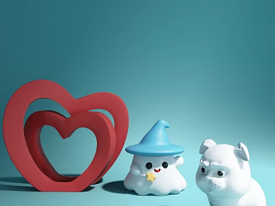 Decorative Ornament Set With Red Double Layered Heart Blue Wizard Hat Ghost And White Bulldog 3d model