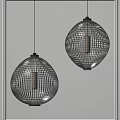 Two Modern Spherical Pendant Lights With Grid Pattern Metal Frame And Warm Glow Hanging In Space