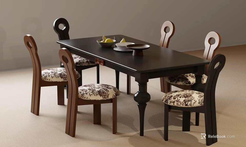 Classic Wooden Dining Table Set with Patterned Fabric Chairs and Fruit Plates 3d model