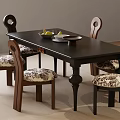 Classic Wooden Dining Table Set with Patterned Fabric Chairs and Fruit Plates 3d model