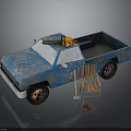 Blue Rusty Truck With Chainsaw In Bed Wooden Chair Shovel And Traffic Cone