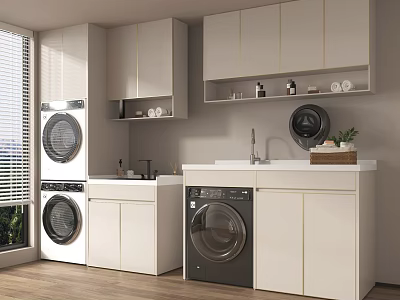 Modern Laundry Room With Front Load Washing Machines Cabinetry And Sink Storage 3d model