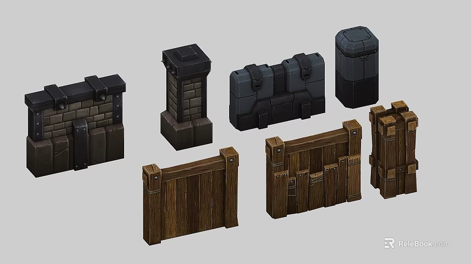 Stone And Wood Building Components Featuring Walls Posts Chests And Fences 3d model 