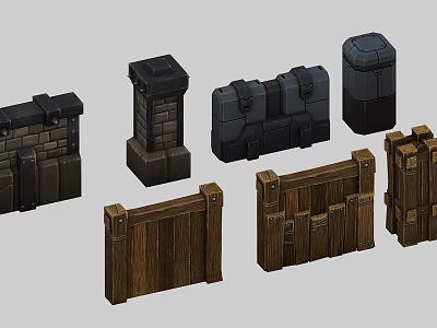 Stone And Wood Building Components Featuring Walls Posts Chests And Fences 3d model