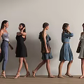 Women in Various Clothing Styles Walking Together in Light Wall Room with Wooden Floor