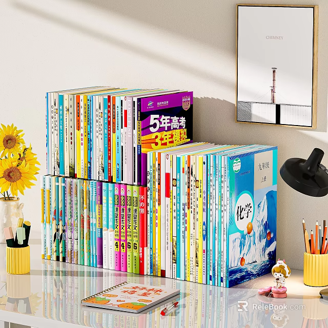 Desk Setup with Stacked Books Sunflower Bouquet Desk Lamp and Stationery 3d model 