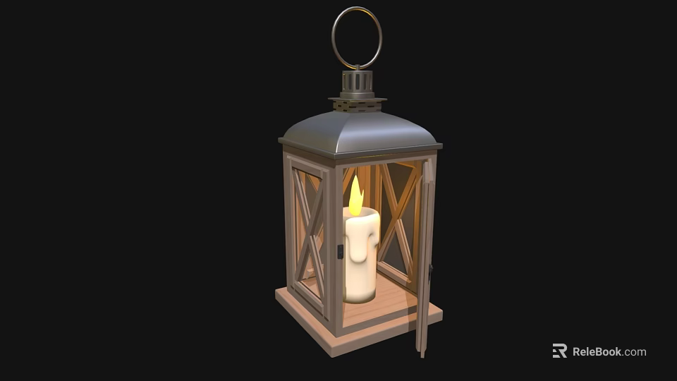 Vintage Candle Lantern Featuring Wooden Frame Glass Panels Metallic Top and Lit Candle 3d model 