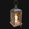 Vintage Candle Lantern Featuring Wooden Frame Glass Panels Metallic Top and Lit Candle